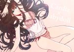  1girl aqua_eyes ariake_aria arm_up babydoll breasts brown_hair cardia_beckford character_name cleavage code:realize eyebrows_visible_through_hair frills legs lingerie long_hair looking_at_viewer parted_lips pink_background see-through simple_background solo underwear 