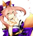  1girl animal_ears breasts cleavage collarbone detached_sleeves fang fate/extra fate/extra_ccc fate/grand_order fate_(series) fox_ears fox_shadow_puppet fox_tail hair_ribbon highres japanese_clothes large_breasts light_smile nail_polish petals pink_hair ribbon ruki_(ruki6248ta) simple_background solo tail tamamo_(fate)_(all) tamamo_no_mae_(fate) white_background yellow_eyes 