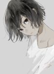  1girl bangs black_hair brown_eyes close-up closed_mouth eyebrows_visible_through_hair grey_background head_tilt highres looking_at_viewer off_shoulder sako_(user_ndpz5754) shirt short_hair simple_background solo white_shirt 