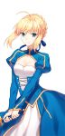  1girl ahoge artoria_pendragon_(all) blonde_hair blue_ribbon breasts cleavage dress eyebrows_visible_through_hair fate/stay_night fate_(series) green_eyes hair_between_eyes hair_ribbon holding holding_sword holding_weapon ribbon saber short_hair_with_long_locks sidelocks simple_background small_breasts solo standing sword weapon white_background yaho_(yaho0211) 