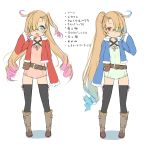 1girl ahoge aqua_dress bangs belt black_legwear blue_eyes boots brown_boots commentary_request comparison dress drill_hair full_body glasses gradient_hair hair_over_one_eye heterochromia highlights highres knee_boots light_brown_hair long_hair long_ponytail long_sleeves looking_at_viewer multicolored_hair open_mouth pink_dress red_eyes red_ribbon ribbon sekira_ame short_dress simple_background standing thigh-highs translation_request twin_drills very_long_hair white_background 