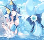  1girl asame21 blue_bow blue_eyes blue_flower blue_hair blue_nails blue_sky bow breasts cleavage error head_fins jewelry large_breats long_hair looking_to_the_side mermaid monster_girl nail_polish necklace outdoors pearl_necklace personification pokemon rock scales sky solo vaporeon very_long_hair water 