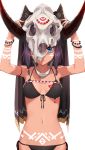  1girl bikini black_bikini blue_eyes bracelet breast_tattoo breasts closed_mouth front-tie_top groin hand_on_headwear highres horns jewelry looking_at_viewer medium_breasts miruto_netsuki navel original purple_hair short_hair side-tie_bottom skull skull_helmet smile solo swimsuit tattoo tribal white_background 