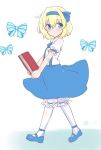  1girl alice_margatroid alice_margatroid_(pc-98) amefre bangs blonde_hair bloomers blue_bow blue_bowtie blue_eyes blue_hairband blue_shoes book bow bowtie collared_shirt commentary_request eyebrows_visible_through_hair from_side hair_bow hairband holding long_hair looking_at_viewer mary_janes medium_skirt parted_lips puffy_short_sleeves puffy_sleeves shirt shoes short_sleeves skirt socks solo standing suspender_skirt suspenders touhou touhou_(pc-98) underwear walking white_background white_legwear white_shirt 
