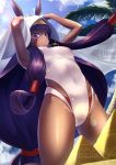  clouds covered_navel dark_skin earrings facial_mark fate/grand_order fate_(series) from_below gluteal_fold hair_tubes highres hoop_earrings jewelry lens_flare looking_at_viewer looking_down medjed nitocris_(swimsuit_assassin)_(fate) one-piece_swimsuit outdoors palm_tree purple_hair pyramid sky smile swimsuit toumin tree veil violet_eyes 