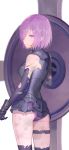  1girl ass black_gloves blush_scarlet broken bruise bruise_on_face elbow_gloves fate/grand_order fate_(series) gloves hair_over_one_eye holding_shield injury leotard looking_at_viewer looking_back purple_hair purple_leotard shield shielder_(fate/grand_order) shiny shiny_skin short_hair simple_background solo thigh_strap torn_clothes torn_gloves violet_eyes white_background 