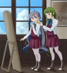  2girls adjusting_another&#039;s_clothes ahoge blue_bow blue_bowtie blue_eyes blue_hair boots bow bowtie braid clouds commentary_request cross-laced_footwear dress green_hair grey_eyes grey_hair grey_legwear hair_between_eyes highres houraijin indoors kantai_collection kiyoshimo_(kantai_collection) lace-up_boots long_hair low_twintails mole mole_under_mouth multicolored_hair multiple_girls musashi_(kantai_collection) pantyhose picture_(object) picture_frame school_uniform shirt sky sleeveless sleeveless_dress smile twintails very_long_hair white_shirt window wooden_floor yuugumo_(kantai_collection) 