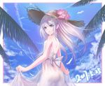  1girl ass bare_shoulders blue_sky breasts dated day dress feathers flower hat hat_flower highres long_hair looking_at_viewer original outdoors palm_tree skirt_hold sky small_breasts standing straw_hat summer sun_hat ten_no_hoshi tree violet_eyes white_dress 