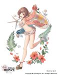  1girl :d artist_name bikini brown_eyes brown_hair copyright_name flippers flower frilled_bikini frills full_body hibiscus innertube navel official_art open_mouth pigg_brave running sandals seashell shell smile starfish swimsuit yu-ri 