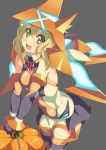  1girl akatsuki_kirika alternate_color blonde_hair blush bodysuit breasts commentary_request covered_navel elbow_gloves from_above gloves glowing green_eyes gummyrise headgear holding looking_at_viewer medium_breasts open_mouth pumpkin senki_zesshou_symphogear short_hair simple_background skin_tight skirt smile solo thigh-highs 