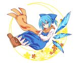  1girl alternate_hairstyle artist_request blue_dress blue_eyes blue_hair boots cirno cirno-nee dress hair_ribbon ice ice_wings looking_at_viewer ponytail ribbon scarf short_hair smile solo touhou white_background wings 