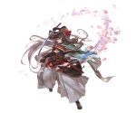  1boy blue_eyes brown_hair cherry_blossoms earrings granblue_fantasy izumi-no-kami_kanesada japanese_clothes jewelry katana katsugeki/touken_ranbu kimono long_hair male_focus minaba_hideo official_art petals smile solo sword touken_ranbu uchigatana very_long_hair weapon 