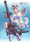  1girl animal_ears black_legwear blush brown_eyes character_request copyright_request dog_ears dog_tail eyebrows_visible_through_hair gun highres holding holding_gun holding_weapon horns kosai_takayuki long_hair looking_at_viewer mecha_musume open_mouth personification silver_hair sitting smile solo tail thigh-highs weapon 
