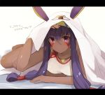  1girl animal_ears blush breasts commentary_request dark_skin earrings facial_mark fate/grand_order fate_(series) hairband hand_on_own_head hoop_earrings jewelry letterboxed long_hair looking_at_viewer lying medjed nitocris_(fate/grand_order) nitocris_(swimsuit_assassin)_(fate) nuko_miruku on_stomach purple_hair sidelocks solo translation_request very_long_hair violet_eyes 