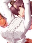  1girl arms_up breasts center_frills closed_mouth dragon_horns dragon_tail dragon_wings eyebrows_visible_through_hair granblue_fantasy grea_(shingeki_no_bahamut) hair_between_eyes head_tilt horns large_breasts looking_at_viewer maroon_hair pointy_ears red_eyes shirt short_hair solo tail upper_body white_background white_shirt wings yanagi_(aku-se) 