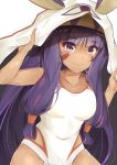  1girl absurdres collarbone covered_navel dark_skin earrings facial_mark fate/grand_order fate_(series) groin highres hoop_earrings jewelry long_hair nitocris_(swimsuit_assassin)_(fate) one-piece_swimsuit purple_hair smile swimsuit violet_eyes white_background wht_innov 