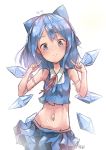  1girl absurdres adapted_costume artist_name bare_shoulders blue_eyes blue_hair blue_shirt blue_skirt bow cirno commentary hair_bow highres hogo ice ice_wings looking_at_viewer midriff navel pleated_skirt pointing pointing_at_self shirt short_hair skirt sleeveless sleeveless_shirt smile solo touhou wings 