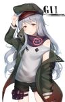  1girl bangs black_shorts blush brown_eyes character_name coat cowboy_shot eyebrows_visible_through_hair flat_cap g11_(girls_frontline) girls_frontline grey_hair hat highres holster legs_apart long_hair looking_at_viewer messy_hair moffle_(2019) open_clothes open_coat parted_lips purple_scarf scarf short_shorts shorts simple_background sleeves_past_wrists solo thigh_holster thigh_strap very_long_hair white_background 