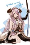  1girl asymmetrical_gloves asymmetrical_legwear bare_shoulders black_boots black_gloves boots braid breasts closed_mouth copyright_name elbow_gloves english feet_out_of_frame gloves granblue_fantasy grey_eyes hair_ornament hair_over_one_eye highres holding holding_sword holding_weapon horns jacket katana large_breasts legband long_hair looking_at_viewer narumeia_(granblue_fantasy) one_eye_closed pointy_ears sako_(user_ndpz5754) single_elbow_glove single_thigh_boot sitting sleeveless sleeveless_jacket smile solo sword very_long_hair wariza weapon 