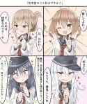  4girls :d ;d akatsuki_(kantai_collection) black_hair blue_eyes blush brown_eyes brown_hair commentary_request fang fingers_together flat_cap flying_sweatdrops folded_ponytail hair_ornament hairclip hat heart hibiki_(kantai_collection) ikazuchi_(kantai_collection) inazuma_(kantai_collection) kantai_collection long_hair multiple_girls neckerchief one_eye_closed open_mouth school_uniform serafuku short_hair silver_hair smile sweat translation_request yukkuri495 