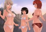  3girls akatsuki_miho akemiho_tabi_nikki bikini black_hair blue_eyes blush fukube_tamaki glasses green_eyes grey_hair kouno_hikaru long_hair multiple_girls open_mouth oribe_shiori original plaid plaid_bikini polka_dot polka_dot_bikini red_bikini red_eyes redhead short_hair side-tie_bikini swimsuit upper_teeth white_bikini 