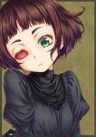 1girl bangs black_dress blunt_bangs border broiler brown_hair closed_mouth commentary dress eye_socket green_background green_eyes head_tilt highres long_sleeves looking_at_viewer one-eyed original puffy_long_sleeves puffy_sleeves short_hair solo thick_eyebrows upper_body 