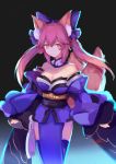  1girl absurdres animal_ears blue_legwear breasts cleavage detached_sleeves empty_eyes fate/extra fate/extra_ccc fate/grand_order fate_(series) fox_ears fox_tail gradient gradient_background highres japanese_clothes large_breasts looking_at_viewer pink_hair solo tail tamamo_(fate)_(all) tamamo_no_mae_(fate) yan_ge yellow_eyes 