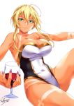  1girl ahoge armpits artist_name artoria_pendragon_(all) artoria_pendragon_(lancer) bangs blonde_hair braid breasts cleavage collarbone covered_navel cup cupping_glass drinking_glass fate/grand_order fate_(series) fingernails french_braid gold_trim green_eyes hair_between_eyes holding_glass knee_up large_breasts lips looking_at_viewer nail_polish one-piece_swimsuit purple_nails sakiyamama simple_background sitting smile solo strapless strapless_swimsuit swimsuit tan tanline two-tone_swimsuit white_background wine_glass 