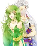  1boy 1girl :d arms_behind_back asymmetrical_bangs bangs black_shirt breasts cape cleavage closed_mouth collarbone copyright_name cowboy_shot dress earrings edward_geraldine eyebrows_visible_through_hair final_fantasy final_fantasy_iv gloves green_cape green_dress green_eyes green_hair grey_eyes jewelry long_hair looking_at_another looking_at_viewer mochineko older open_mouth purple_gloves rydia sash see-through shirt short_hair silver_hair simple_background sleeveless sleeveless_shirt small_breasts smile spoilers standing star star_earrings tiara veil white_background 