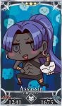  1girl assassin_(fate/zero) blush_stickers chibi earrings fate/grand_order fate_(series) highres holding hoop_earrings jewelry long_hair mask official_art open_mouth purple_hair riyo_(lyomsnpmp) skull_mask solo 
