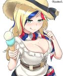  1girl :q absurdres blonde_hair breasts cleavage commandant_teste_(kantai_collection) dress food green_eyes hat highlights highres ice_cream kantai_collection kiritto large_breasts multicolored_hair solo straw_hat tagme tongue tongue_out 