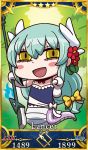  1girl aqua_hair bare_shoulders blush_stickers bow chibi fate/grand_order fate_(series) gloves hair_bow highres holding holding_naginata holding_weapon kiyohime_(fate/grand_order) kiyohime_(swimsuit_lancer)_(fate) lamia long_hair monster_girl official_art riyo_(lyomsnpmp) solo weapon white_gloves yellow_eyes 