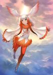  1girl bangs bird_tail bird_wings blunt_bangs blush feather-trimmed_sleeves flying full_body head_wings japanese_crested_ibis_(kemono_friends) kemono_friends long_hair long_sleeves maekawa_yuichi multicolored_hair outstretched_arms pantyhose parted_lips pleated_skirt red_legwear red_skirt redhead shirt sidelocks skirt solo spread_arms two-tone_hair white_hair white_shirt wide_sleeves wings yellow_eyes 