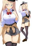  :o alternate_costume bag bismarck_(kantai_collection) black_legwear blonde_hair blue_eyes blush bookbag bow breasts clothes_around_waist hat kaisen_chuui kantai_collection large_breasts long_hair multiple_views peaked_cap pleated_skirt school_uniform skirt sweater sweater_around_waist thigh-highs white_background white_skirt 