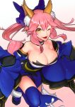  1girl ;3 animal_ears bad_id bad_pixiv_id bare_shoulders blue_legwear blush breasts cleavage detached_sleeves fang fate/extra fate/extra_ccc fate_(series) fox_ears fox_tail hair_ribbon japanese_clothes large_breasts leaning_forward long_hair long_sleeves looking_at_viewer obi parted_lips pink_hair ribbon sash sokuse_kienta solo tail tamamo_(fate)_(all) tamamo_no_mae_(fate) thigh-highs two_side_up wide_sleeves yellow_eyes 