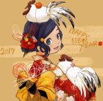  1girl 2017 animal animal_on_head bangs bird blue_eyes blue_hair brown_background chicken floral_print flower food fruit hair_flower hair_ornament hairclip highres japanese_clothes kimono looking_at_viewer looking_back mandarin_orange obi on_head open_mouth red_kimono rooster sako_(user_ndpz5754) sash smile solo swept_bangs tied_hair year_of_the_rooster 