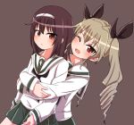  alternate_costume anchovy bangs black_hair black_neckerchief black_ribbon blouse brown_eyes chawan_(yultutari) closed_mouth commentary drill_hair frown girls_und_panzer green_hair green_skirt grey_background hair_ribbon highres hug hug_from_behind lifting_person long_hair long_sleeves looking_at_viewer miniskirt neckerchief one_eye_closed ooarai_school_uniform open_mouth pleated_skirt red_eyes reizei_mako ribbon school_uniform serafuku simple_background skirt smile standing twin_drills twintails upper_body white_blouse 