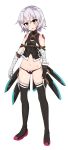  1girl assassin_of_black bandage bandaged_arm bangs bare_shoulders belt black_boots black_gloves black_panties black_shirt boots brown_eyes chawan_(yultutari) cleavage_cutout commentary_request facial_scar fate/apocrypha fate/grand_order fate_(series) full_body gloves highres looking_at_viewer lowleg lowleg_panties navel no_pants open_mouth panties scar scar_across_eye shirt short_hair silver_hair simple_background single_gloves sleeveless sleeveless_shirt solo standing thigh-highs thigh_boots underwear white_background 