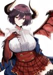  1girl astraea_(atelierastraea) black_legwear breast_suppress breasts brown_eyes center_frills closed_mouth dragon_horns dragon_wings eyebrows_visible_through_hair frown granblue_fantasy grea_(shingeki_no_bahamut) hair_between_eyes head_tilt highres horns large_breasts looking_at_viewer off_shoulder plaid plaid_skirt pleated_skirt purple_hair red_skirt shingeki_no_bahamut shirt short_hair skirt solo thigh-highs white_background white_shirt wings 