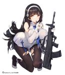  1girl accessories ankle_ribbon assault_rifle between_breasts black_hair breast_press breasts brown_eyes bullpup dress erect_nipples eyebrows eyebrows_visible_through_hair flower full_body girls_frontline gloves gun hair_flower hair_ornament hairband holding holding_gun holding_weapon impossible_clothes kishiyo large_breasts long_hair looking_at_viewer necktie official_art pantyhose qbz-95 qbz-95_(girls_frontline) ribbon rifle simple_background solo squatting symbol torn_clothes torn_pantyhose very_long_hair watermark weapon white_background white_dress white_gloves white_hairband 