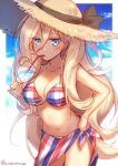  1girl bikini blonde_hair blue_eyes breasts cleavage cowboy_shot drink hair_between_eyes hat kantai_collection long_hair looking_at_viewer medium_breasts mk mole mole_under_eye multicolored multicolored_bikini multicolored_clothes plaid plaid_bikini richelieu_(kantai_collection) sarong sipping solo standing straw_hat sun_hat swimsuit 