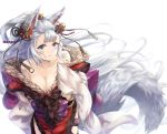  1girl animal_ears bare_shoulders blue_eyes blush breasts coffee1223 collarbone erun_(granblue_fantasy) fox_ears fox_tail from_above fur_trim granblue_fantasy hair_ornament hand_on_own_head long_hair medium_breasts parted_lips silver_hair socie_(granblue_fantasy) solo tail very_long_hair white_background 