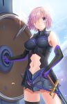  1girl armor armored_dress bare_shoulders breasts cowboy_shot fate/grand_order fate_(series) hair_over_one_eye hand_on_hip large_breasts looking_at_viewer midriff navel purple_hair shielder_(fate/grand_order) short_hair skyrail solo sword violet_eyes weapon 
