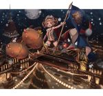  1girl :d :o candy candy_cane christmas_tree city_lights flag flower food full_moon gift green_eyes heterochromia highres moon open_mouth original outdoors red_eyes reindeer rose short_twintails sleigh smile snowing snowman standing twintails white_legwear yu-ri 