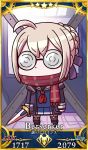  1girl ahoge arms_at_sides artoria_pendragon_(all) blonde_hair chibi coke-bottle_glasses fate/grand_order fate_(series) hair_between_eyes highres holding holding_sword holding_weapon jacket mysterious_heroine_x_(alter) official_art opaque_glasses open_clothes open_jacket plaid plaid_scarf red_scarf riyo_(lyomsnpmp) scarf scarf_over_mouth school_uniform solo star sword weapon 