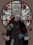  1boy black_shirt blood boku_no_hero_academia butterfly charm_(object) covering_face detached_hand grey_hair hand_on_own_face hand_print hands japanese_clothes kimono looking_at_viewer messy_hair nekodou_(yukatin1000) red_eyes shigaraki_tomura shirt solo 
