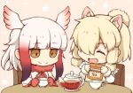  2girls alpaca_ears alpaca_suri_(kemono_friends) azuki_ron blonde_hair blush chair cup extra_ears eyebrows_visible_through_hair fur_trim hair_bun head_wings japanese_crested_ibis_(kemono_friends) kemono_friends multicolored_hair multiple_girls redhead sidelocks sitting smile table teacup teapot two-tone_hair white_hair yellow_eyes |d 