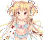  1girl :o animal_ears bangs bare_arms bare_shoulders bikini bird blonde_hair blue_bikini blush bow bracelet braid chicken collarbone commentary_request double_bun double_scoop eyebrows_visible_through_hair food frilled_bikini frills from_above granblue_fantasy hair_ornament halter_top halterneck harbin holding holding_food ice_cream_cone jewelry long_hair looking_at_viewer looking_up makira_(granblue_fantasy) navel parted_lips pink_bow polka_dot polka_dot_bikini red_eyes solo standing suihi swimsuit twin_braids very_long_hair white_background 