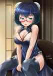  1girl artist_name bangs black_dress black_eyes black_hair black_legwear breasts bun_cover china_dress chinese_clothes cleavage cleavage_cutout double_bun dress garter_straps girls_und_panzer glasses half-closed_eyes haruhata_mutsuki indoors large_breasts legs long_dress looking_at_viewer messy_hair open_mouth oryou_(girls_und_panzer) red-framed_eyewear semi-rimless_glasses short_hair side_slit signature sitting sleeveless sleeveless_dress solo sweat thigh-highs twitter_username under-rim_glasses wet 