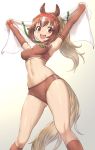  1girl animal_ears armpits arms_up breasts brown_eyes brown_gloves brown_hair brown_legwear buruma chestnut_thoroughbred_(kemono_friends) contrapposto gloves gradient gradient_background guchico highres horse_ears horse_tail japan_racing_association kemono_friends kneehighs long_hair looking_at_viewer medium_breasts midriff multicolored_hair navel open_mouth ponytail smile solo sports_bra sportswear standing sweat tail white_hair 